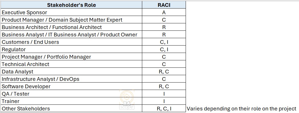 Stakeholder RACI Matrix Example - BA Scope